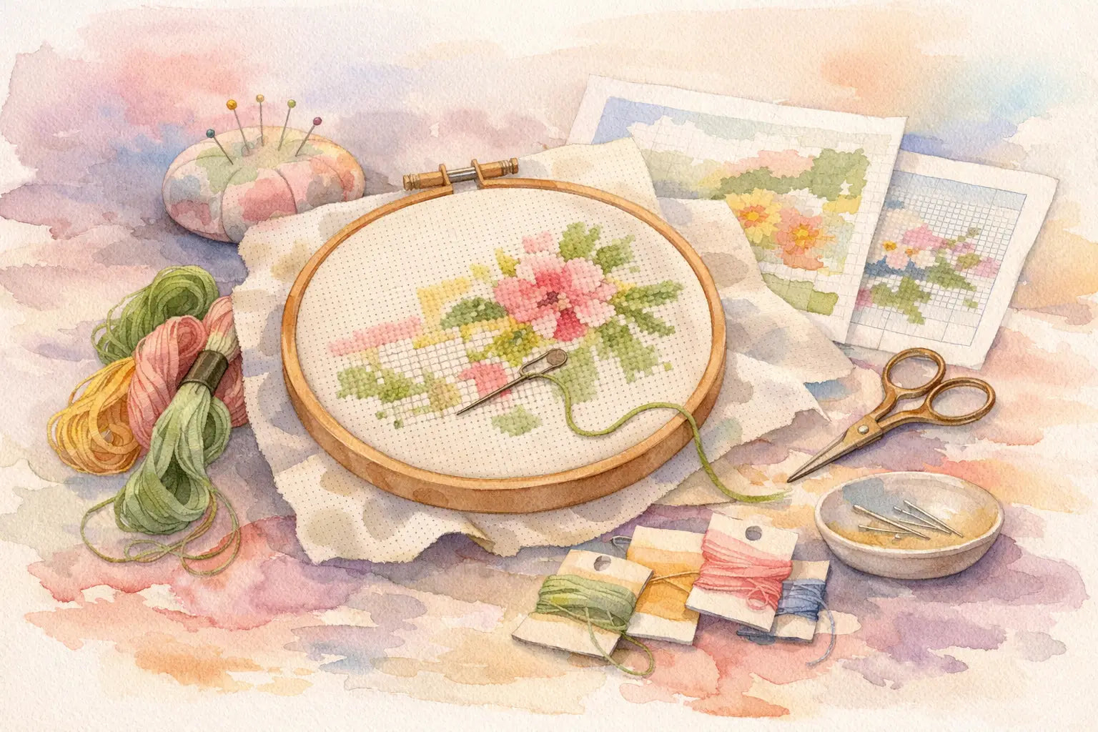 Cross Stitch Kits With Printed Pattern Fabric