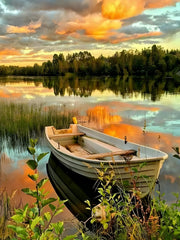 Tranquil Lakeside Sunset Rowboat
