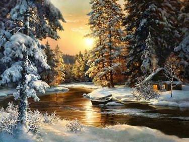 Frosted Forest River Sunset