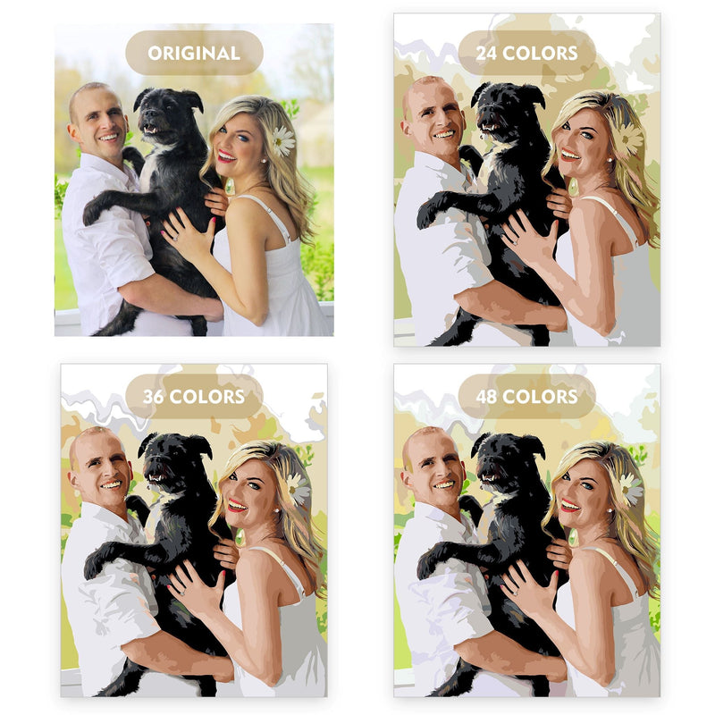 A Couple with their Dog in Paint By Numbers comparison between 24, 36, and 48 colors